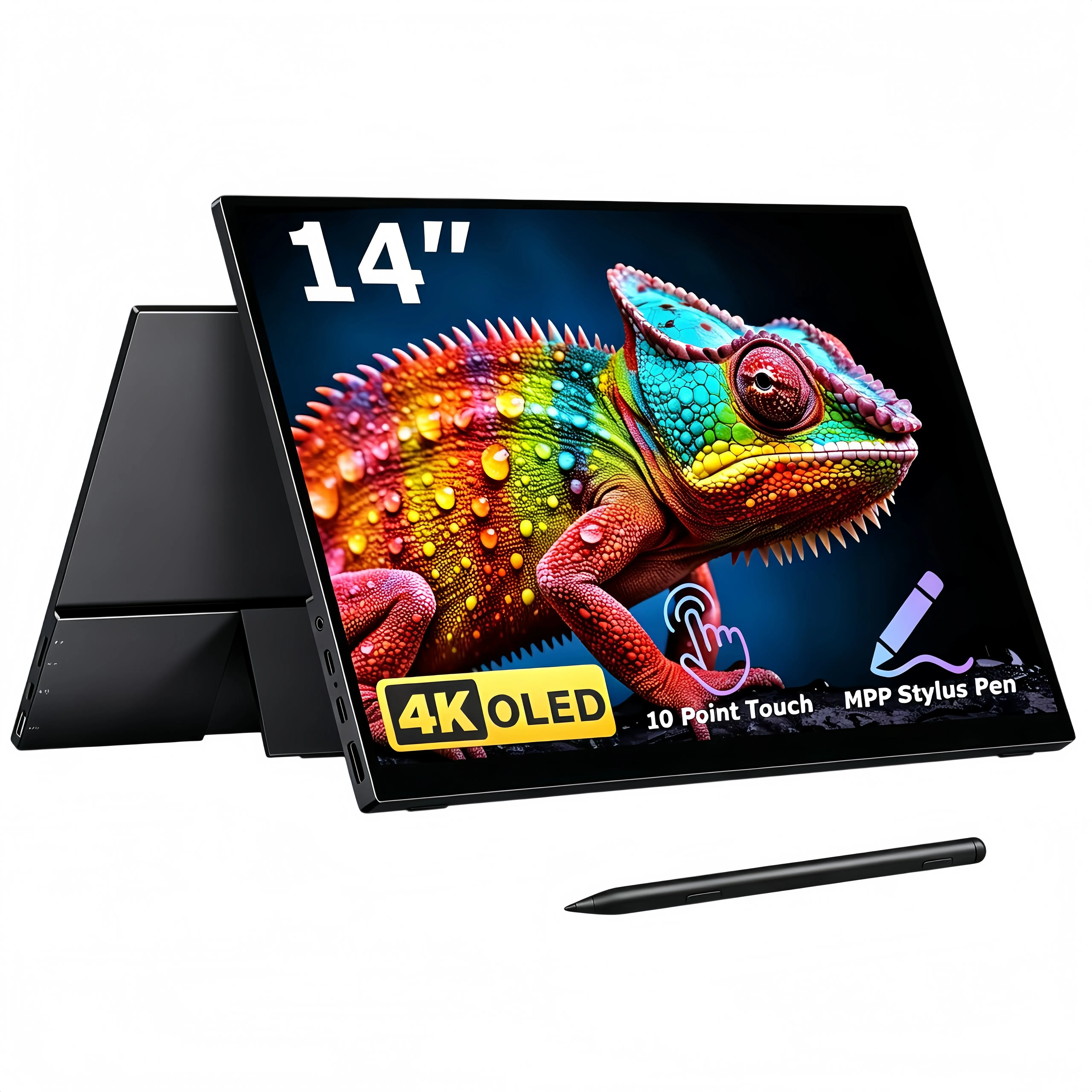 14" 4K OLED Portable Touchscreen Monitor, UHD 3840×2400, 100% DCI-P3, USB-C & HDMI, Active Stylus, Kickstand & Sleeve, External Display for Laptop, Mac, PC & Gaming