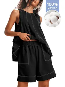 Women's 2pcs Sleeveless Matching Sets A Line Tank Tops Contrast Stitching High Waist Shorts With Pockets