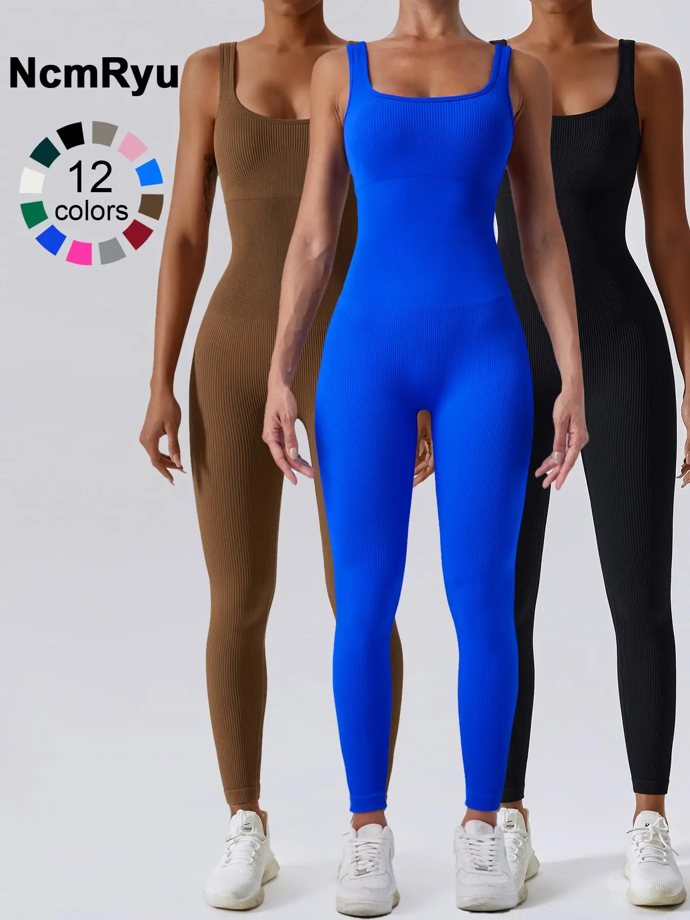 Women's Seamless One-Piece Hip Lift Crew Neck Tummy Control Jumpsuit with Tank Top, Tummy Control Dance & Fitness & Workout Set, Stretch Sportswear fo