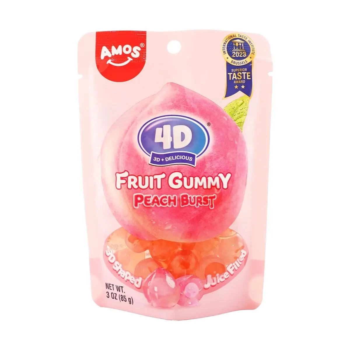 Amos Sweets 4D Juicy Peach Gummy Candy 85g - Bursting with Real Fruit Flavor