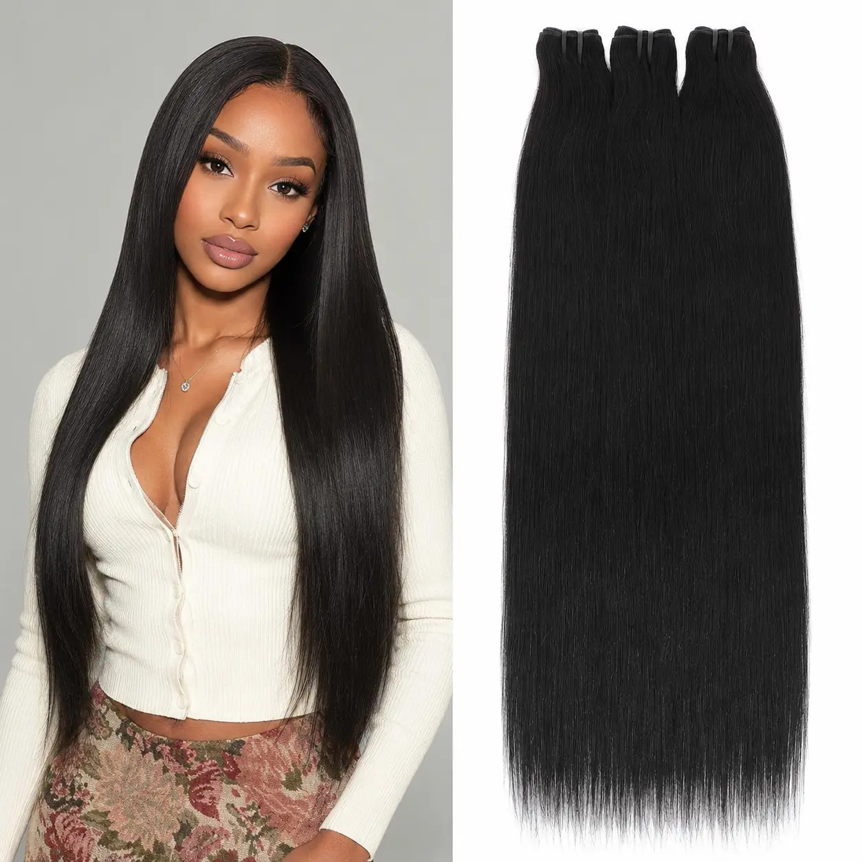 Human Hair Bundles for Black Women, Natural Black Deep Wave Body Wave Straight Hair Bundles, Wet and Wavy Human Hair Extensions, Silky Soft Full Thick Ends, Long-Lasting Texture for Sew In Quick Weave