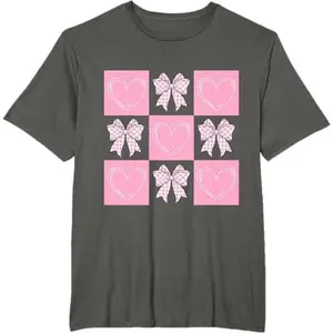 Women Checkered Coquette Bow Heart Valentine Day T-Shirt Round neck T-shirt with bow print t shirt for women Cute Ribbon Tshirt Comfort Top