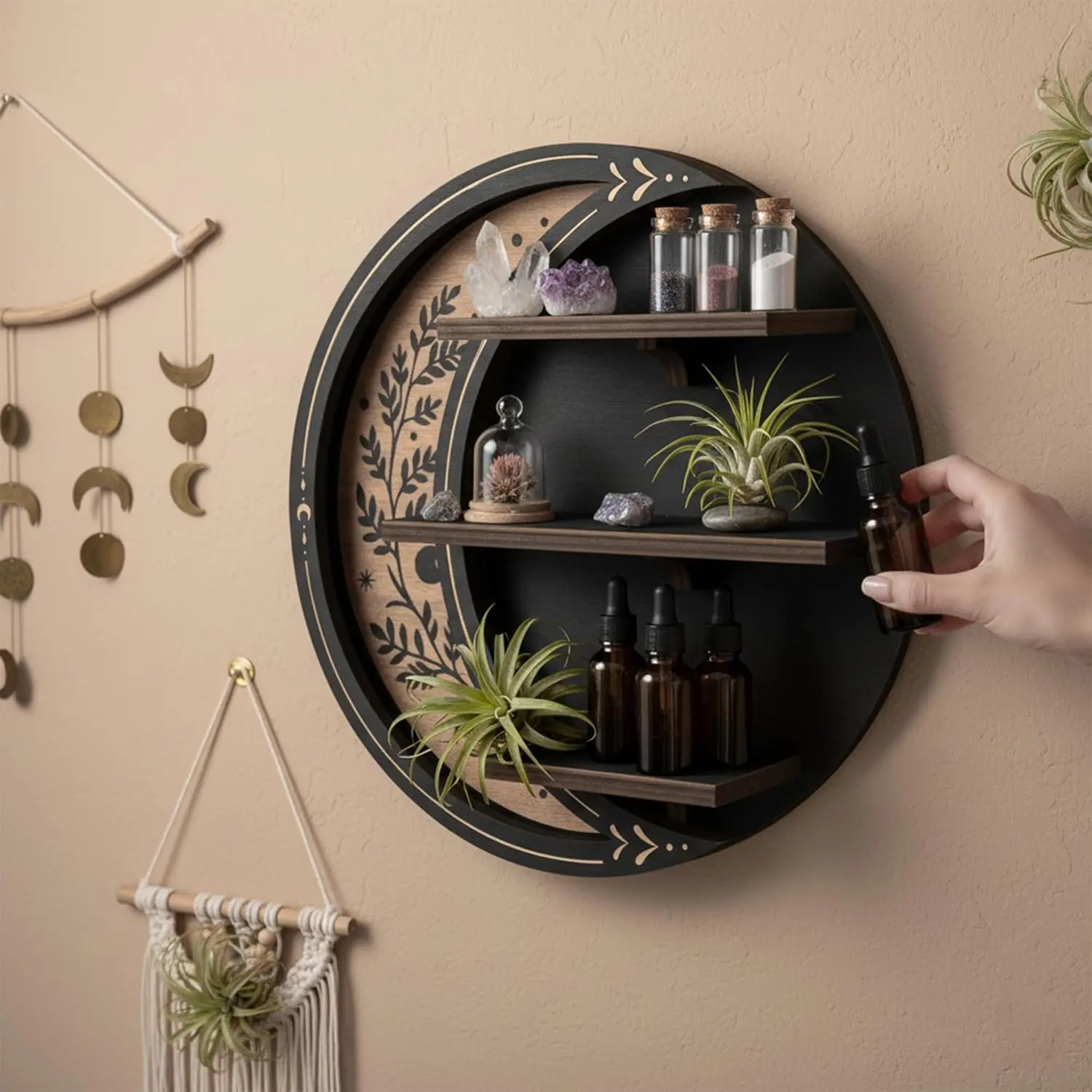 FNYDOX Wall Shelves for Bedroom, Crescent Moon Shelf with LED Light, Witchy Whimsical Celestial Room Decor Aesthetic, Moon Phase Shelf for Trinket Knick Knack Crystal Rock Gem Healing Stone Essential Oil
