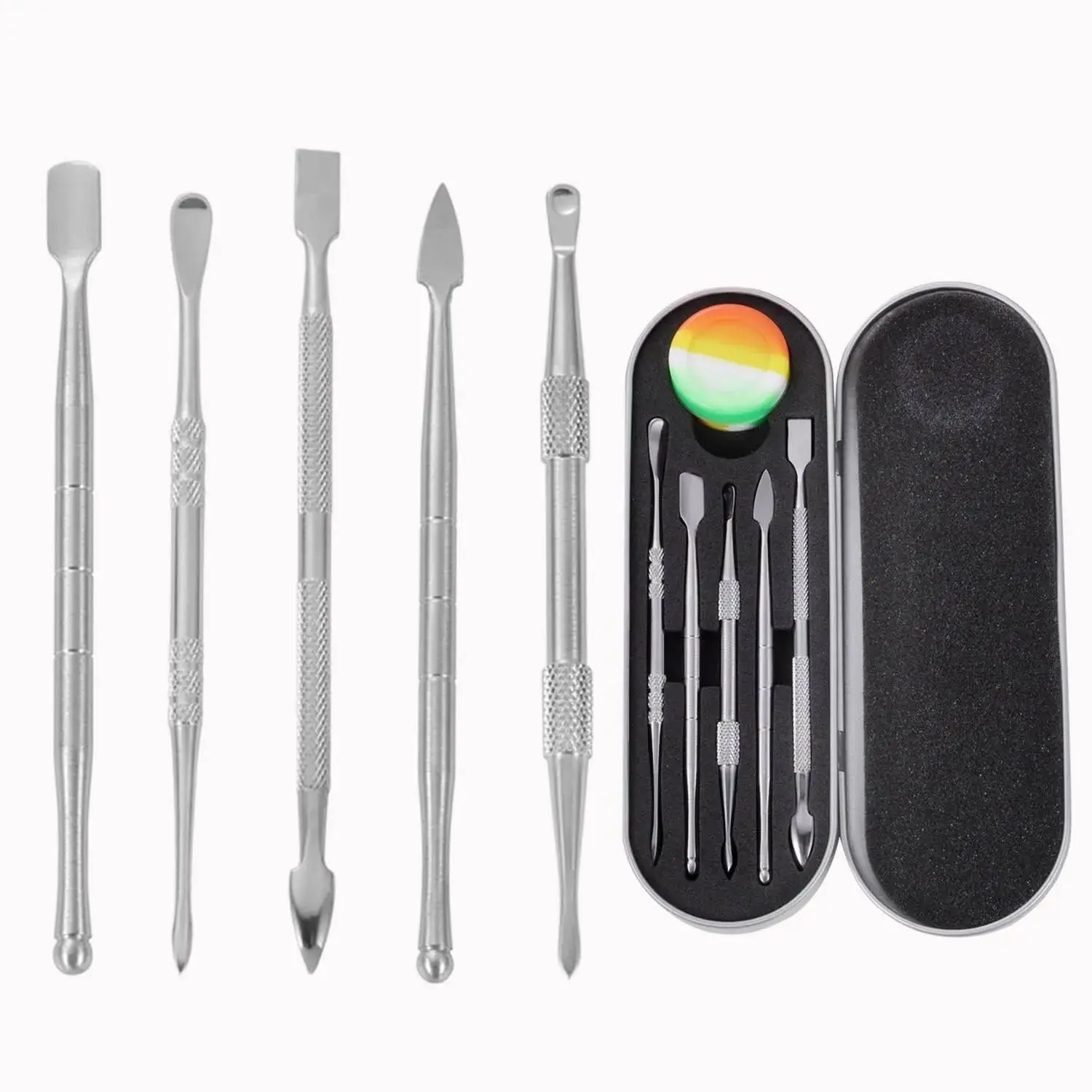 6 Pieces Wax Carving Tool Set, Double-Ended Stainless Steel Wax Sculpting Tools with 5ml Silicone Container Jar and Portable Metal Case for Wax Oil Clay Pottery, Silver