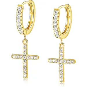 Milacolato 925 Sterling Silver Cross Hoop Earrings Dangle Earrings Pave CZ Cross Huggie Drop Earrings for Women Girls Valentine's Day