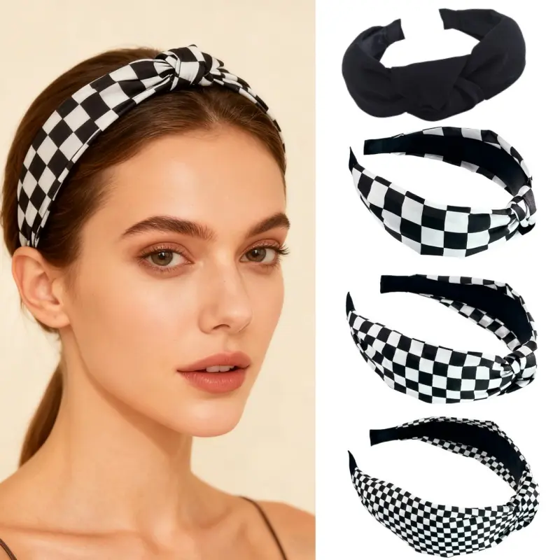 4pcs Vintage Checkerboard Wide Headband Soft Cloth Knotted Hair Hoops, Non Slip Fashion Hair Band for Girls Travel Daily Outfit