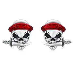 Red Headband Pirate Skull Stud Earrings in 925 Sterling Silver
