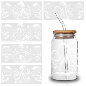 5 Sheets Octopus Skull UV DTF Stickers Themed UV DTF Transfer Paper - Waterproof & Scratch Resistant, 3D Crystal Clear Decals for Glass Cups, Mugs, Laptops, Refrigerators