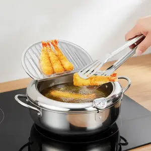 Stainless Steel Deep Pot, Fried Chicken Pot, Tempura Frying Pot, Deep Tempura Pot with Thermometer and Lid, Stainless Steel Cookware, 114.97 oz