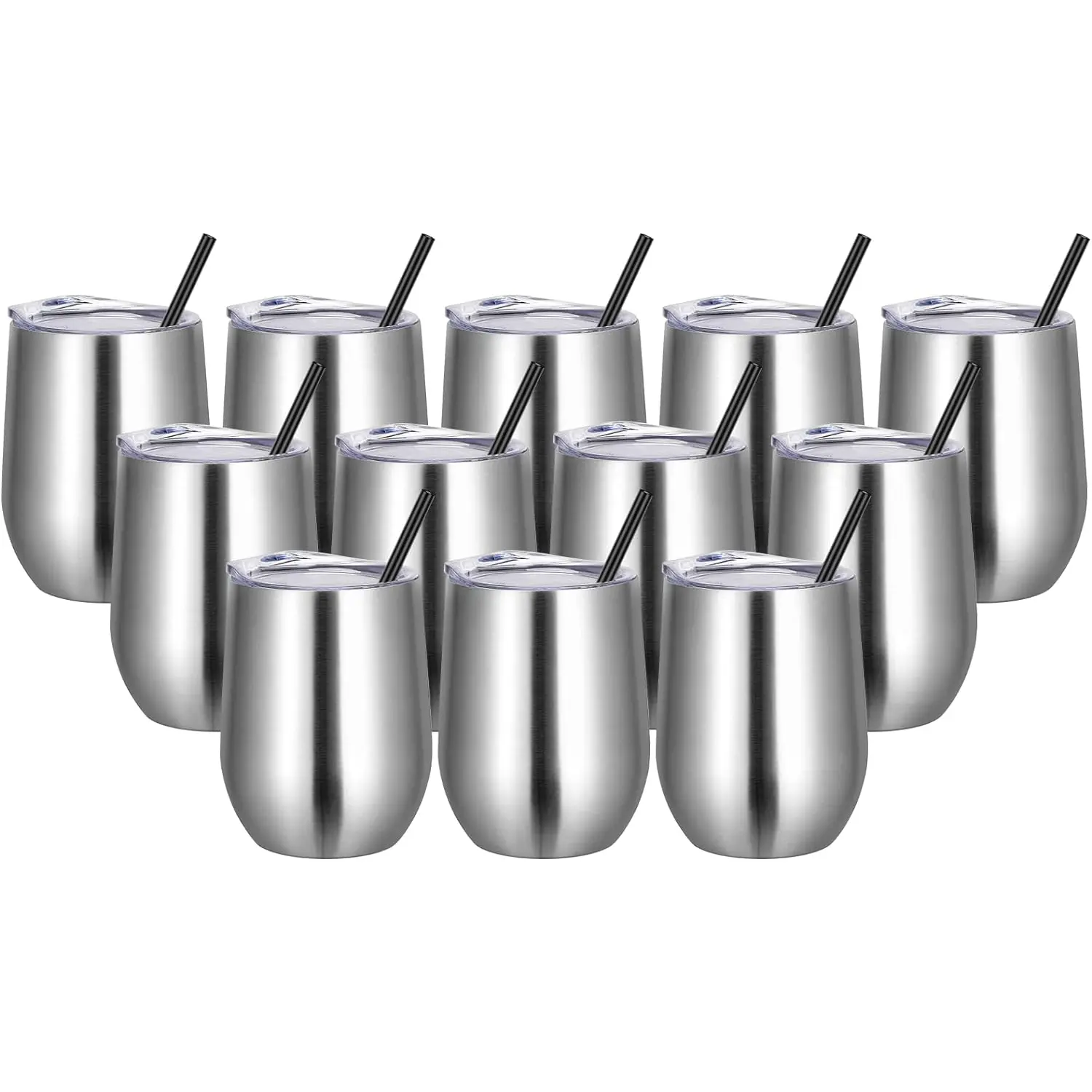 VEGOND Wine Tumblers Bulk 12 Pack, 12Oz Stainless Steel Stemless Wine Glass with Lids and Straws, Double Wall Vacuum Insulated Tumbler Cup, Coffee Mug for Cold Hot Drinks