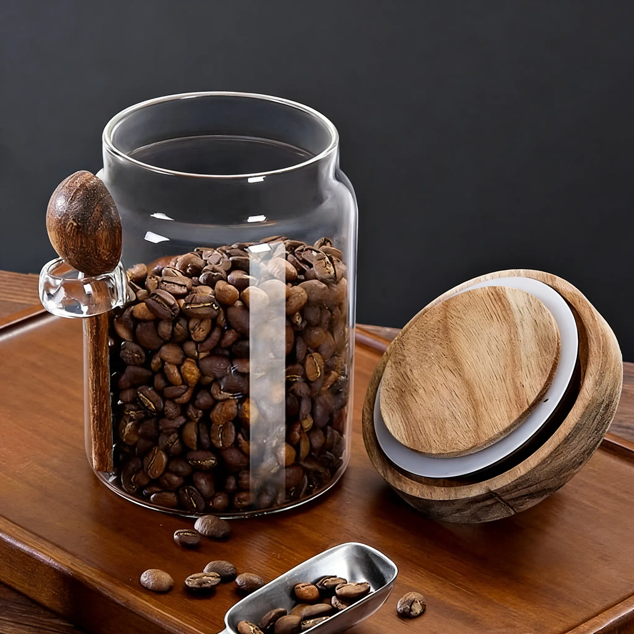 Airtight Round Glass Food Storage Canister Set with Bamboo Lids - BPA-Free, Compact, Transparent Reusable Jars (20.29oz-25.36oz, 3.54inW x 4.72inH) with Silicone Seal, Utensils for Spice, Kitchen Organization