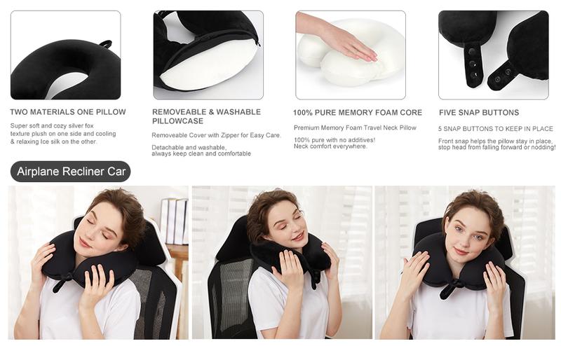 Travel Neck Pillow for Head Support - Best Memory Foam Airplane Pillow for Plane, Car & Home Recliner Use (Black)