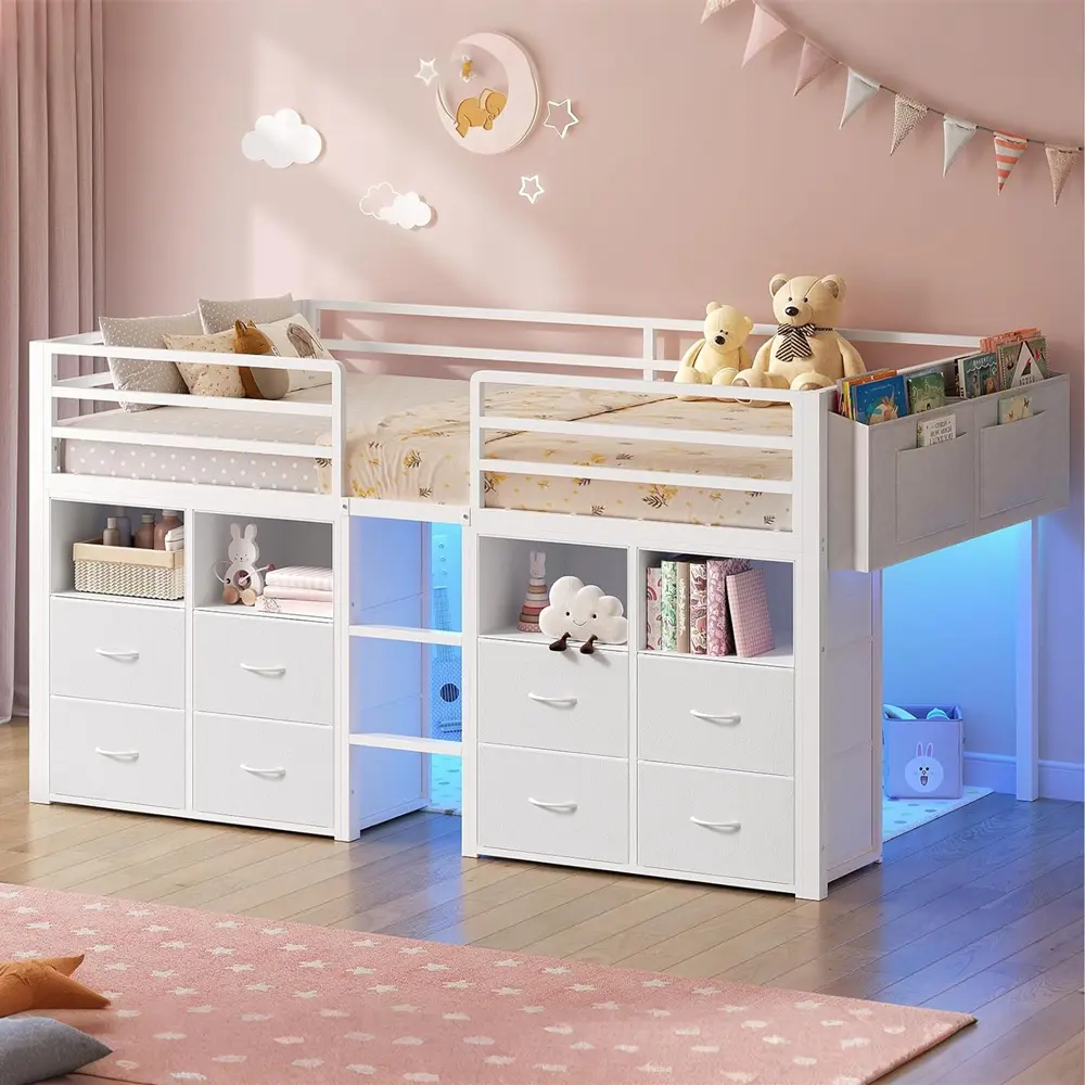 Sikaic Twin Size Low Loft Bed for Kids with 8 Storage Drawers, Bookcase & LED Lights, Metal Loft Bed with 14" High Safety Guardrails, Under-Bed Play Space, No Box Spring Needed, White
