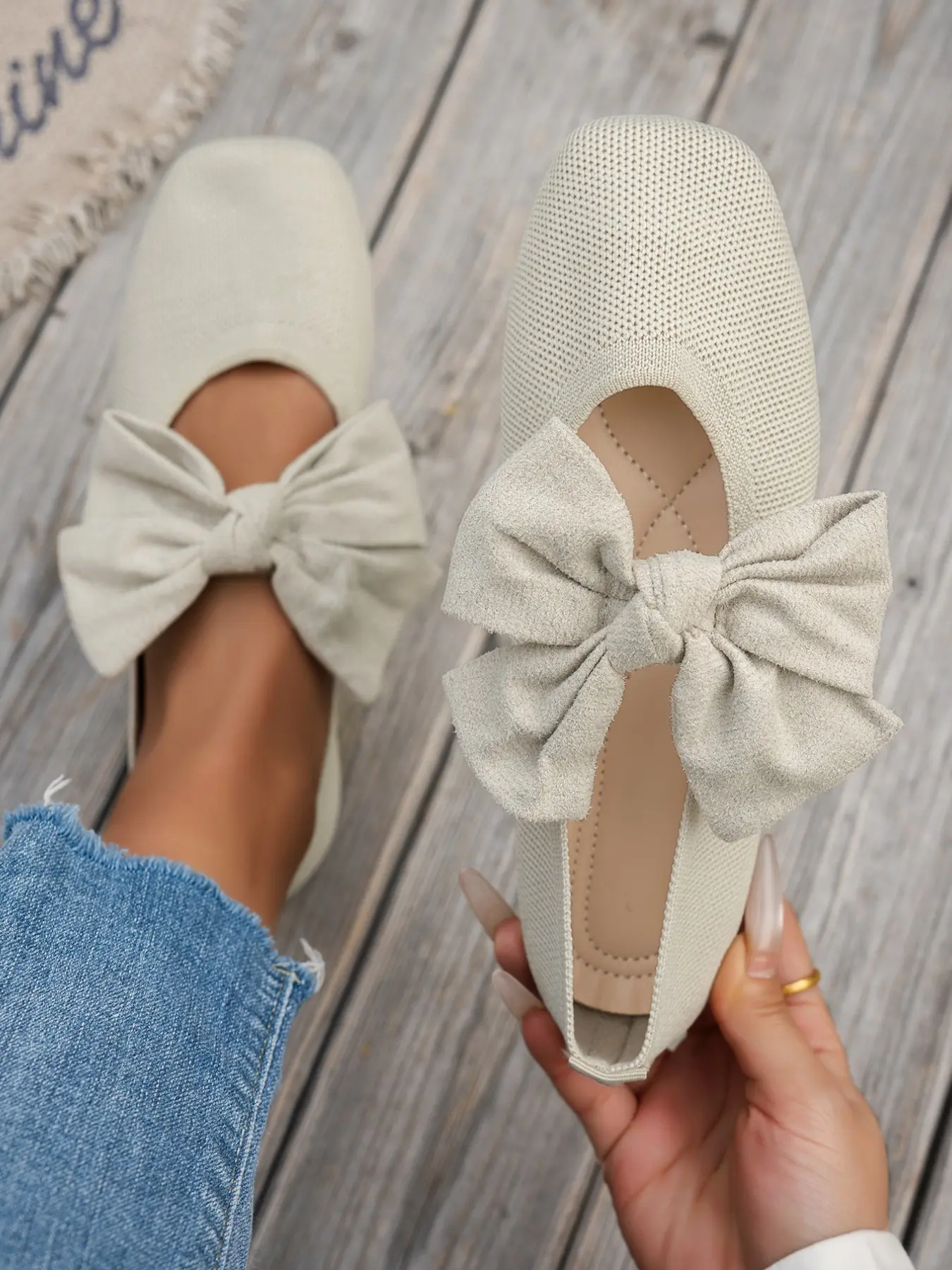 Women's Knitted Shoes, Retro Square Toe Mary Jane Slip On Flats, Comfortable Low Heel Single Shoe, Fashion Commuter Shoes with Large Bow Decor