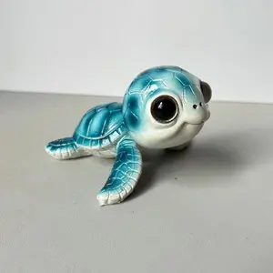 Cute Big Eyed Blue Baby Sea Turtle Resin Figurine, Kawaii Mini Ocean Animal Decor, Waterproof Tortoise Ornament for Desk Aquarium Home Decor