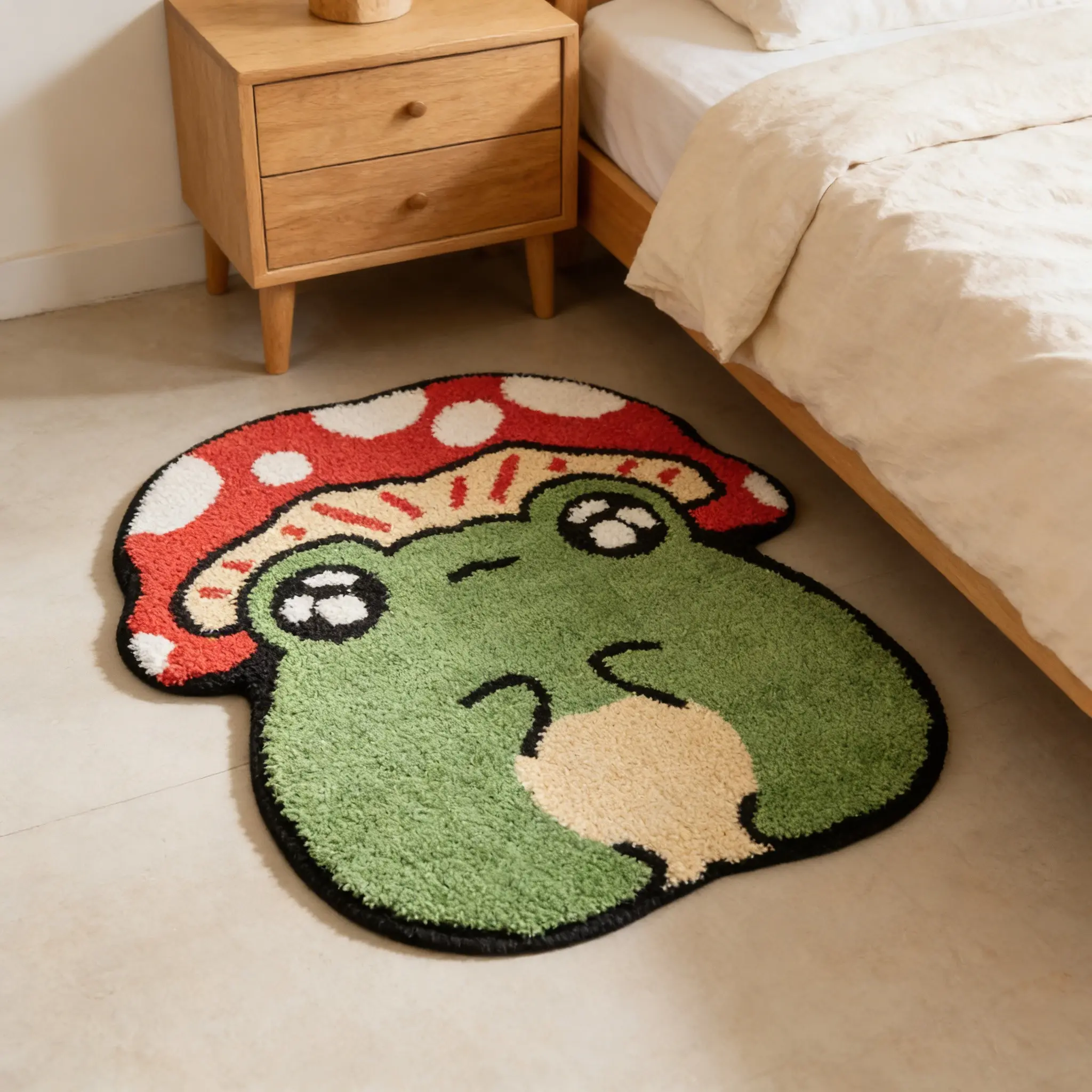 Green Mushroom and Frog Pattern Floor Mat, Cozy Floor Mat, Bedside Rug, Plush Foot Mats, Living Room Carpet, Home Decor Rugs, Suitable for Bedrooms, Living Rooms, Bathrooms, Leisure areas