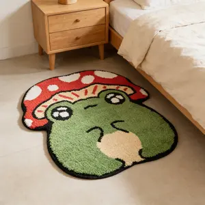 Green Mushroom and Frog Pattern Floor Mat, Bedside Rug, Soft and Fluffy Plush Foot Mats, Living Room Area Carpet, Fun Home Decoration, Home Decorative Rugs, Suitable for Bedrooms, Sofa Areas, Living Rooms, Dressing Rooms, Bathrooms, Leisure areas, etc.
