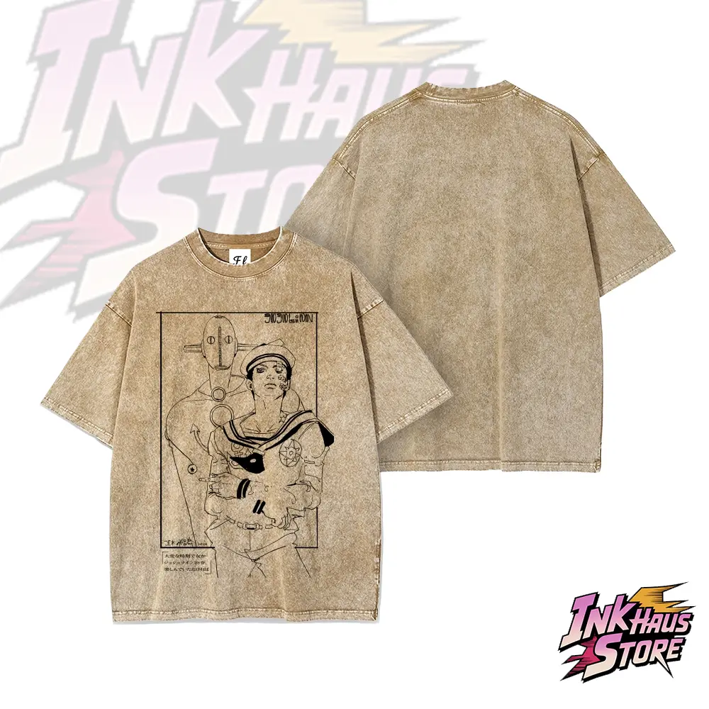 JoJo's Bizarre Adventure Part 8: Josuke Higashikata and his Stand, Soft & Wet.--Short Sleeve Cotton Unisex Retro wash Tee