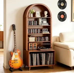 Record Player Stand with Vinyl Storage,6-Tier Arched Record Player Table Holds Up 350+ Albums, Turntable Stand with CD/DVD Rack,Vinyl Record Storage for Living Room Music Organiser
