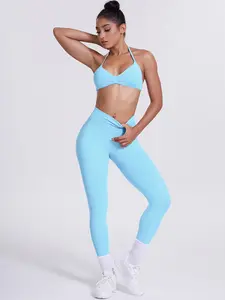 Women's Sports Bra Long Pants Set Seamless High Elasticity Yoga 2 Piece Set Halter Top Tummy Control Leggings Fitness Clothes Casual Gym Wear Fitness Sport Outfits