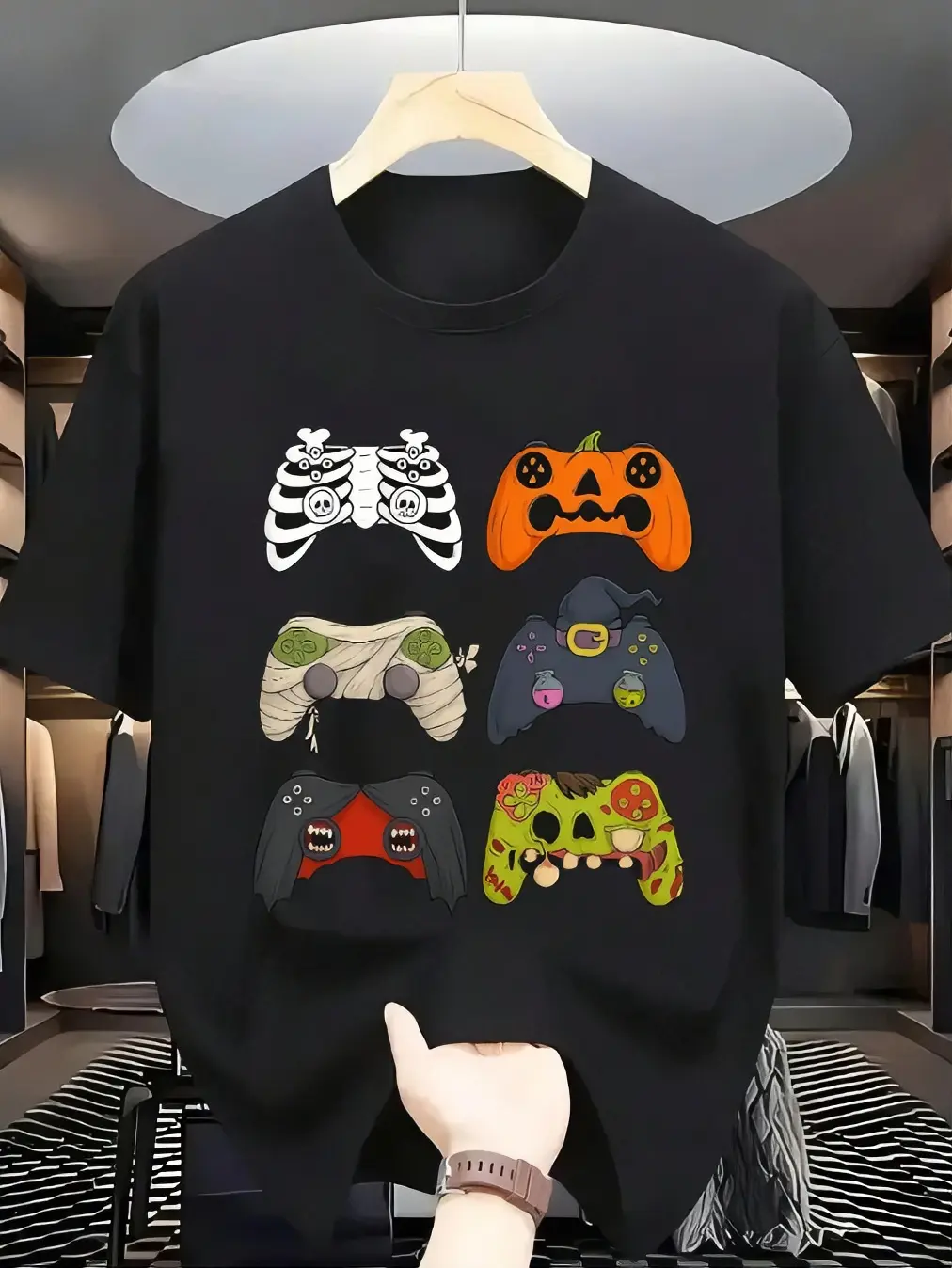 Women's Halloween Themed Gaming Controller Graphic Black Short-Sleeve T-Shirt, Cold Wash Gamer Streetwear for Spooky Season OOTD, Cold Wash Women's T-Shirts