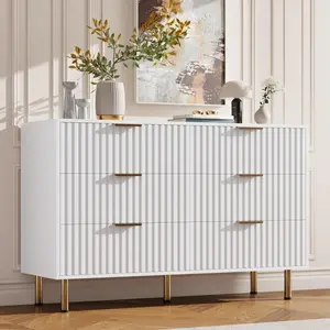 Modern 6 Drawer Dresser Fluted Chest Of Drawers Wood Storage Cabinet Luxury Gold Legs Media Console TV Stand Sideboard For Bedroom Living Room Hallway Closet Organizer Wardrobe Cupboard Anti Tipping White Black Gray Green