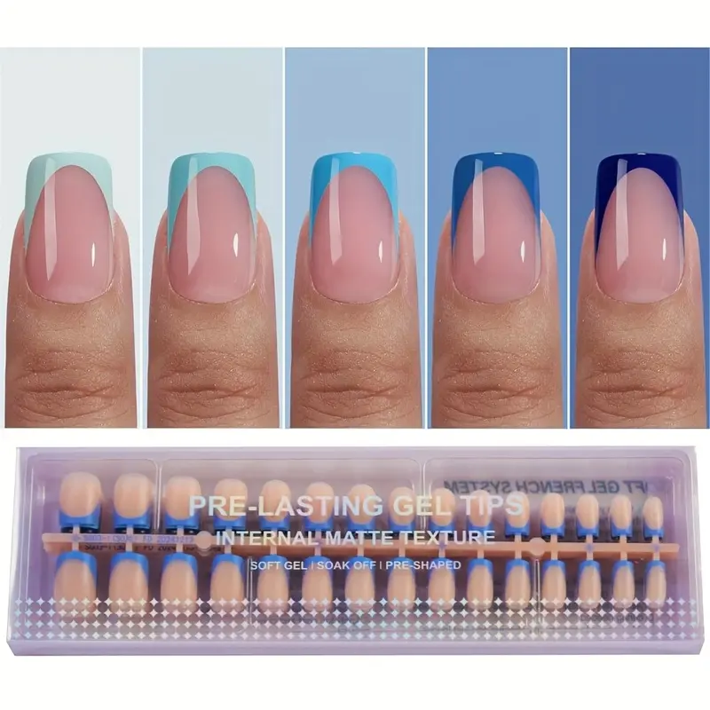 French Nail Tips - Blue Square Artificial Nails, 150 Wet Soft Gel Acrylic Extensions, 15 Sizes, Spring Summer Women's Nail Decorations, Nail Art Products