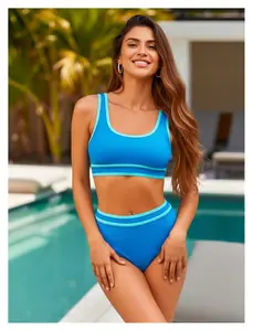 Black Two Piece Swimsuit Women - Modest Bathing Suit Set for Beach, Pool, Vacation; Solid Color Bikini with High Waisted Bottom & Supportive Top