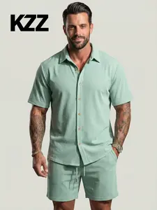 KZZ Men's Casual Loose-Fit Multi-Color Beachwear Corduroy Short-Sleeve Two-Piece Set for Summer New Arrival - Clothes, Menswear Clothes Menswear Gamis Tropical Shortsleeve Shortsleeve Formal Suits Suits