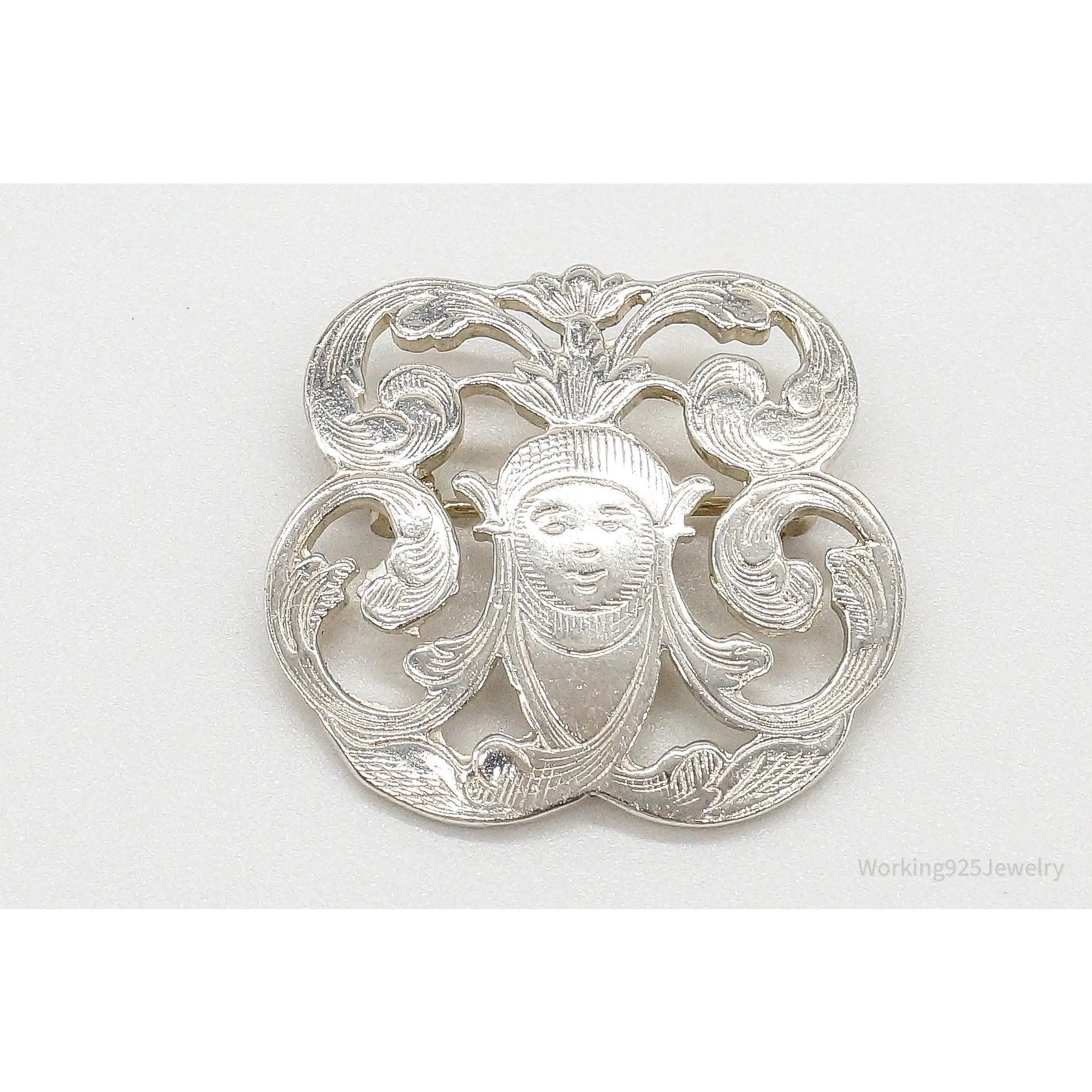 Vintage Designer IC Goddess Etched Sterling Silver Brooch/Pendant