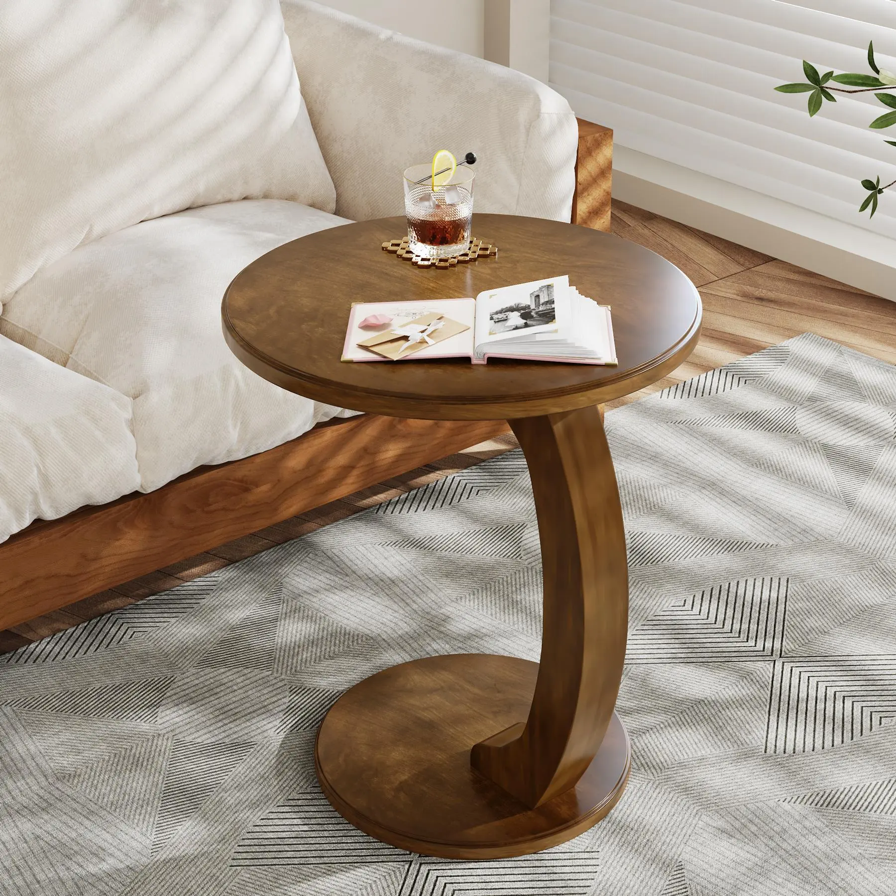 TRIBEWOOD C-Shaped Round MDF Wood End Table - 18.9 in Vintage Brown Accent Furniture, Space-Saving Corner Shape Living Room Furniture with Soft Edges Aesthetic, Bedroom Side Table