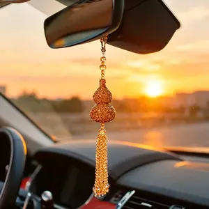 Champagne Gold Drill Gourd Pattern Car Pendant, Luxury Style Crystal Tassel Design, Rearview Mirror Ornament, High-End Car Interior Decor, Car Hanging Decoration