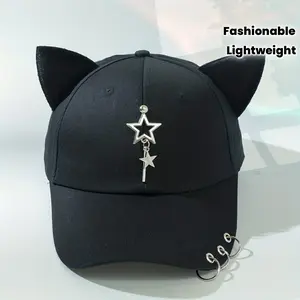 Trendy Cat Ears Baseball Cap Hip Hop Star Moon Skull Plane Rivet Chain Ring Decor Sun Hat Adjustable Lightweight Dad Hats For Women & Men
