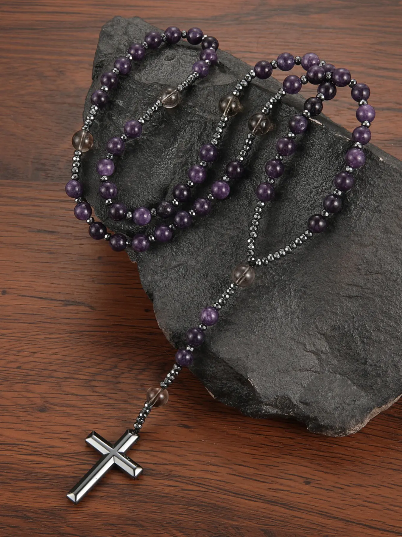 Natural Stone Amethyst Bead Cross Design Pendant Necklace, Gemstone Necklace, Unisex Long Rosary Chain, Religious Prayer Gift, faith necklace, Video Accessory