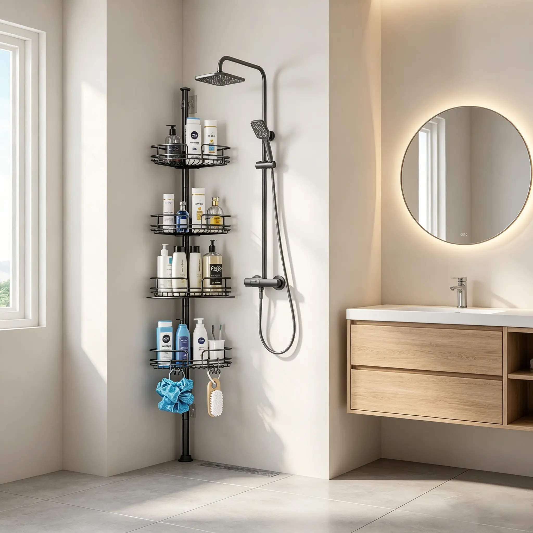 Benazcap 4-Tier Rustproof Telescopic Corner Shower Caddy, No-Drilling Height-Adjustable Bathroom Storage Shelf with 4 Large-Capacity Baskets (58.5-317.5 cm Range)