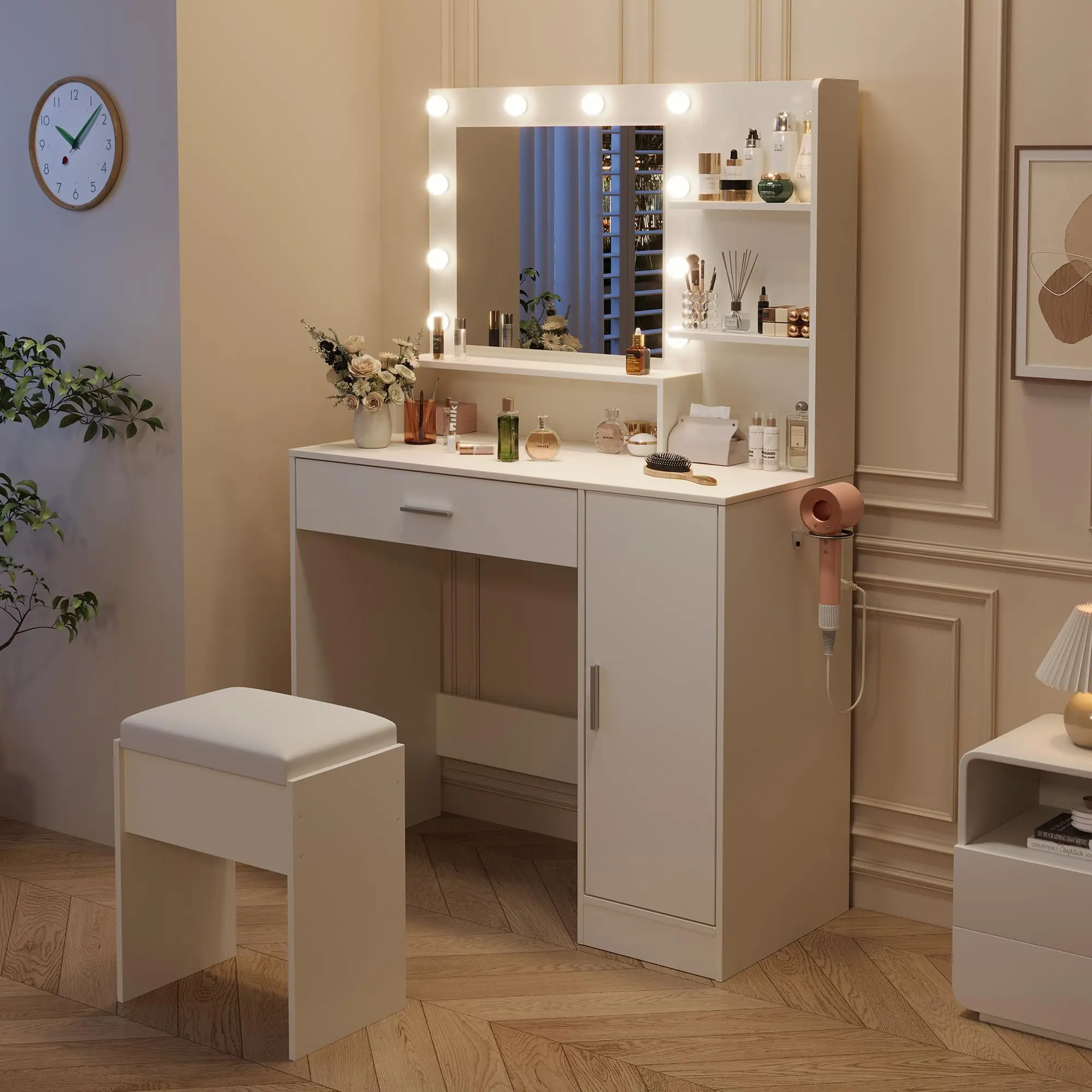 YJ-Garvee Vanity with Mirror Three-Level Adjustable Lighting Includes Drawer Cabinet, Power Outlet, and Stool Compact Vanity for Bedrooms and Apartments - White