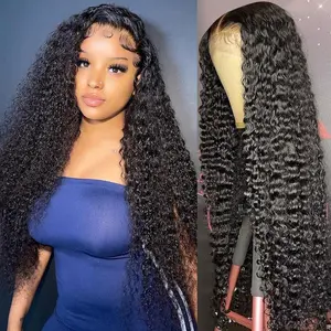 30 34 Inches Deep Wave 13x6 HD Lace Frontal Wig Human Hair Pre-plucked Brazilian Remy Hair Transparent Lace Front Wigs Deep Curly Human Hair Wigs For Women 180% Density