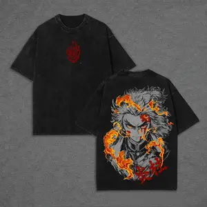 Vintage Washed Rengoku Flame Hashira Graphic Tee | Oversized Heavyweight Cotton Anime Streetwear T-Shirt | Demon Slayer Manga Gift