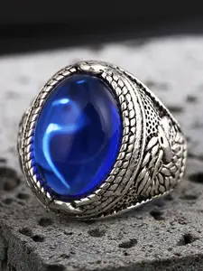 Antique Silver Plated Oval Blue Synthetic Sapphire Open Ring, Vintage Gothic Textured Craftsmanship, Adjustable Size Statement Ring for Men & Women, Retro Bohemian Gothic Jewelry Gift, Vintage Engagement Ring