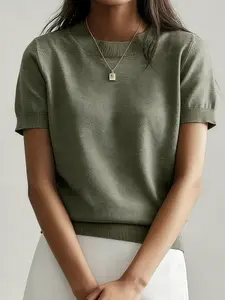 Women's Solid Color Crew Neck Short Sleeve Sweater, Casual Basic Knit Pullover for Spring & Summer, Fashion Women's Knitwear for Daily Wear, Womenswear T-shirt