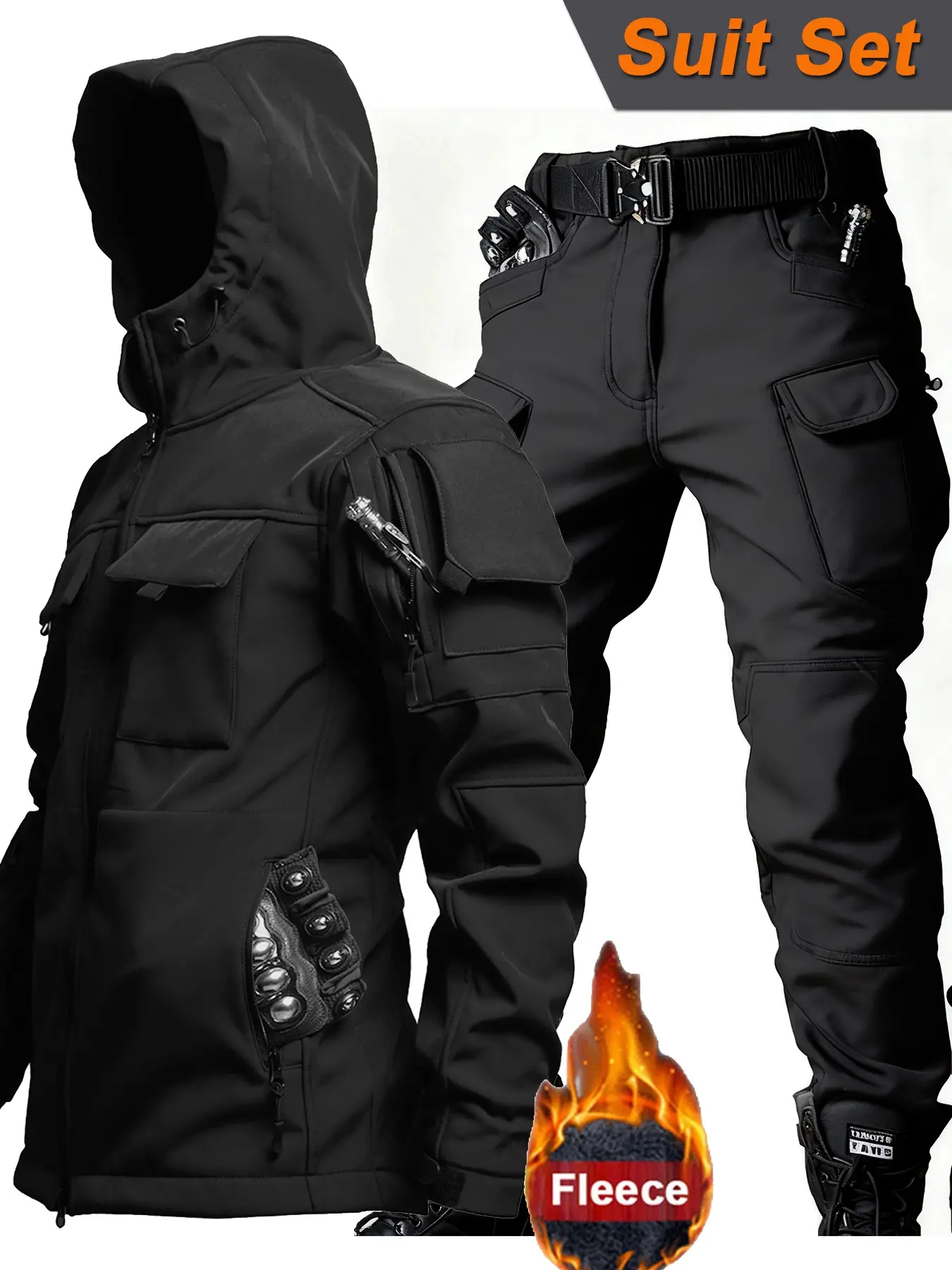 Men's Multi-Pocket Design Winter Sporty Outdoor Set, Athletic Tracksuit Set, Relaxed Fit Loose Tracksuit Softshell Jacket & Pants, Windproof Waterproof & Warm, Thick Woven Fabric, Athleisure Outdoor Sportswear Tracksuit, Sports Tracksuit Set