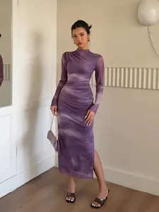 Women's Elegant Lady Gradient Color Pleated Mesh Bodycon Long Sleeve Formal Wear Dress, Long Women's Set, Autumn Fashion Fabric, Womenswear, Chic, Elegant Formal Style