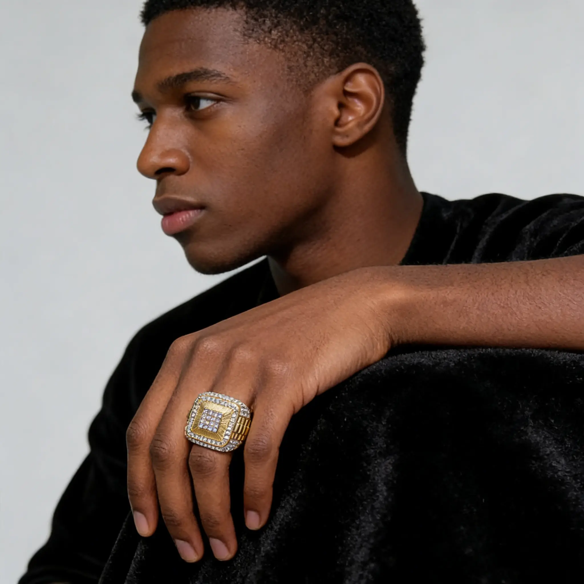 Men's Iced-Out Hip-Hop Ring - Sparkly Cubic Zirconia, Artificial Zircon Design, Glamorous Urban Fashion, Luxury Party Accessory, Valentine's Day Gift
