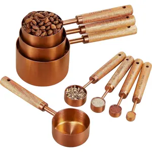 Copper Stainless Steel Measuring Cups and Spoons Set of 8, Wooden Handle with  Measurements, Metric Cups and Spoons for cooking and baking
