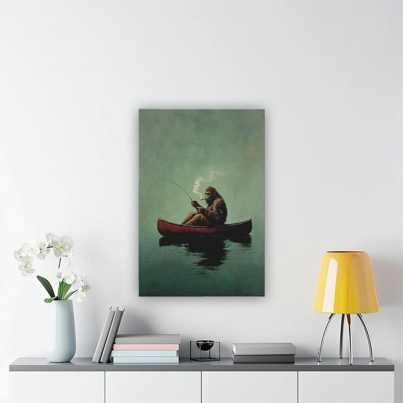 Bigfoot on A Red Canoe Fishing Retro Art Poster Or Canvas Print, Whimsical Sasquatch Wall Art, Lake House Wall Decor, Bigfoot Funny Poster