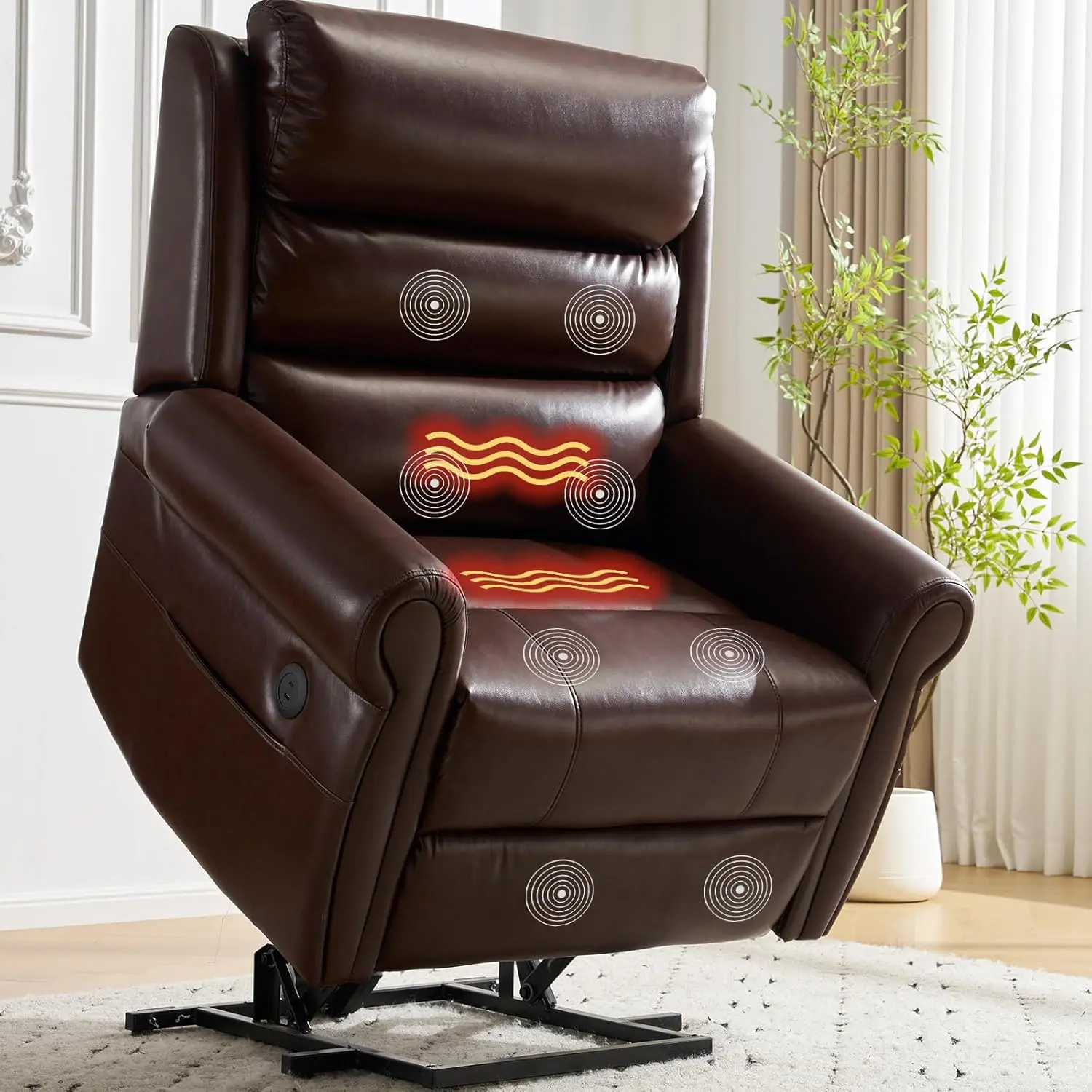 Rhevoy Dual-Motor Power Lift Recliner Chair for Elderly - Modern Oversized Padded-Arm Seat, Extra-Wide Lay-Flat Design, Adjustable Headrest, Massage & Heating Functions, Infinite Positions, Brown Indoor Furniture Chair