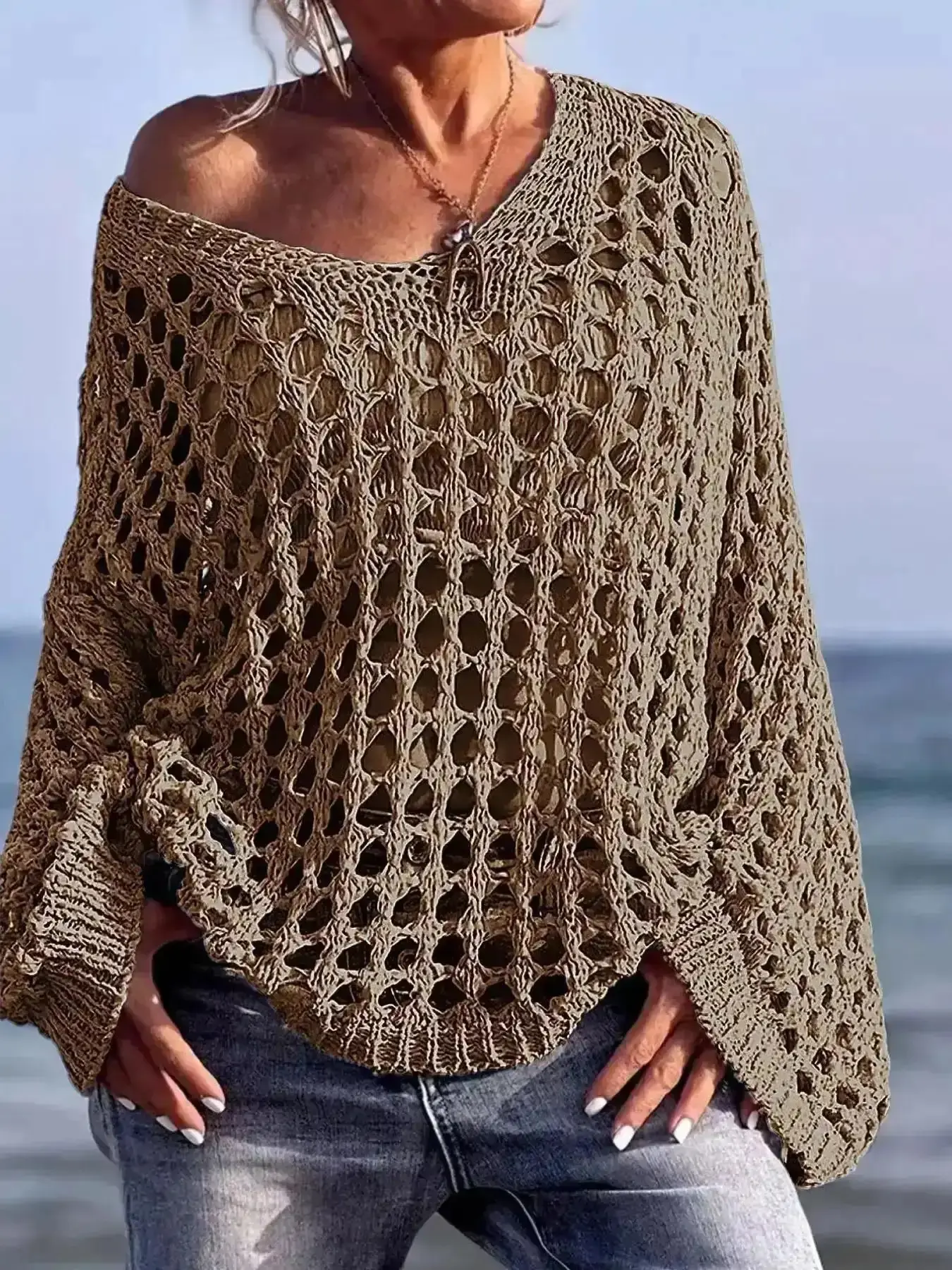 2026 Women's Hollow Out V Neck Knit Sweater, Loose Batwing Sleeves, Shoulderless Boho Style, Long Sleeve, Casual Vacation Wear, Wanderlust, Breathable, Flowy Silhouette, Versatile, Summer Vibes, Stretchy