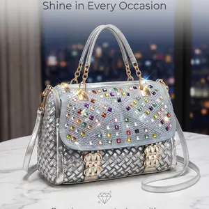 Y2K Bling Woven Crossbody Bag – Women’s Sparkling Colorful Rhinestone Satchel with Chain Handles – Luxury Silver Evening & Party Purse