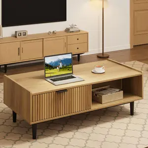 GARVEE Center Table Fluted Coffee Table with Drawer 42.5" Mid Century Modern Center Table with Storage Living Room Table with Open Shelf Rectangle Coffee Table Metal Frame Easy Assembly