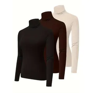 3 Pack Plus Size Simple Thermal Underwear Top Set, Women's Plus Solid Long Sleeve Turtleneck Soft Base Layer Top 3pcs Set Knit